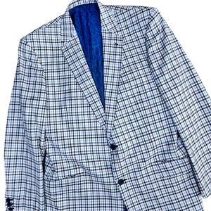 Custom Made Sport Coat Silk & Wool Tessilstrona Men 42L Blue White Check Italy